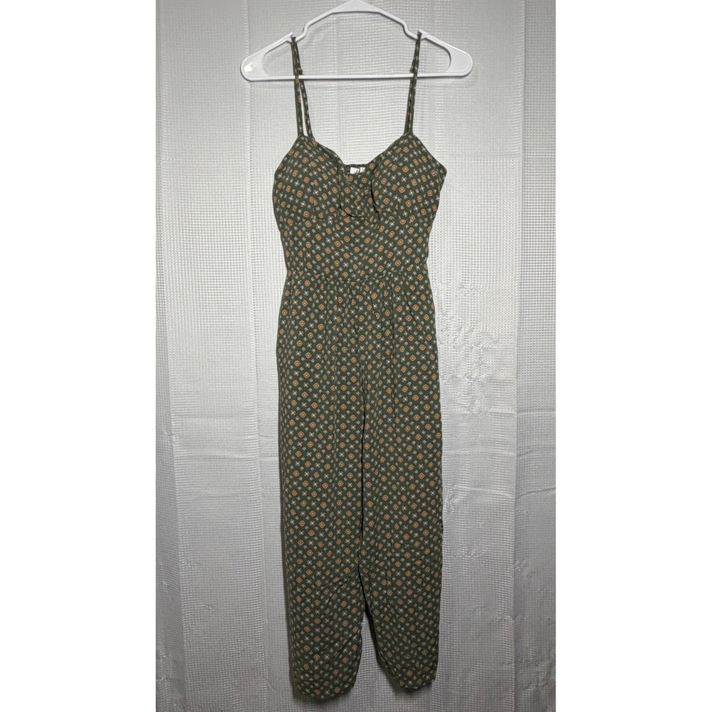 AUW Geometric Print Jumpsuit Medium Green Smocked Back Spaghetti Strap